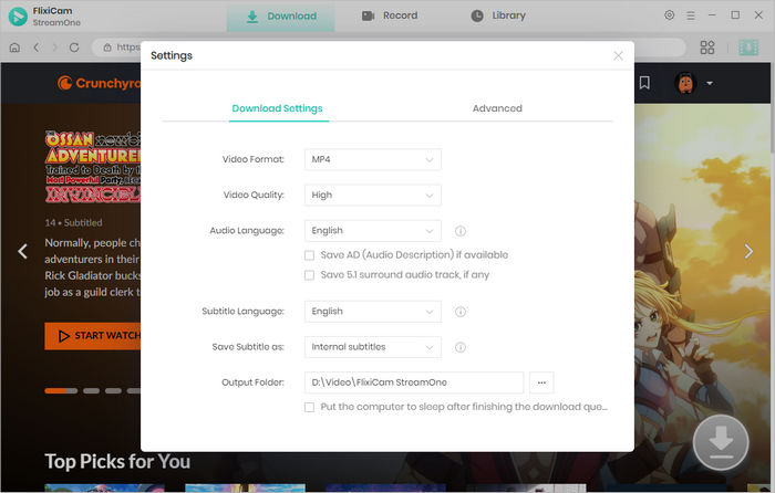 choose output settings for crunchyroll anime