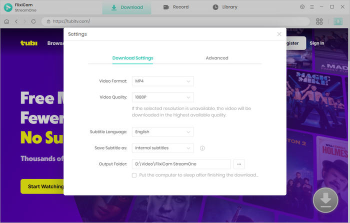 customize output settings for tubi movie